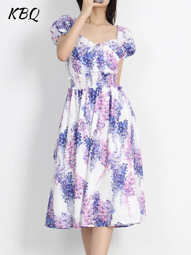

KBQ Printing Hit Color Dress For Women Square Collar Short Sleeve High Waist Backless Folds Casual Dresses Female Fashioin Style