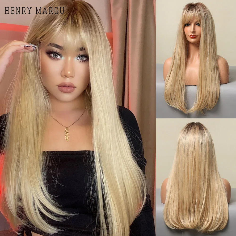 HENRY MARGU Long Straight Wig Blonde Brown Ombre Synthetic Hair Wig Women Golden Cosplay Wig for Daily Party Wig Heat Resistant