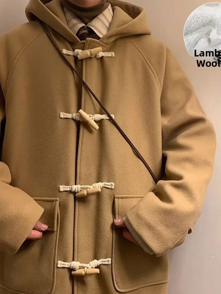 Trendy Men's Woolen Coat Hooded Mid-Length Winter Casual American Retro Buttoned Lamb Fur Collar Jaet Street Sle