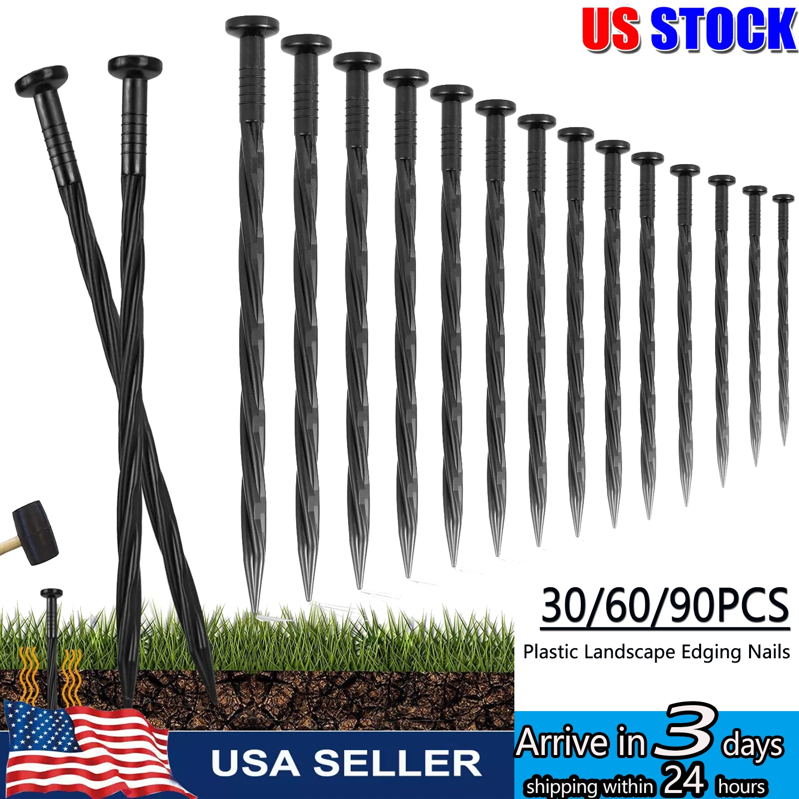 90/30pcs 8 Inch Plastic Landscape Edging Spikes Anchoring Nail Spiral Landscape Stake For Weed Barrier Paver Edging