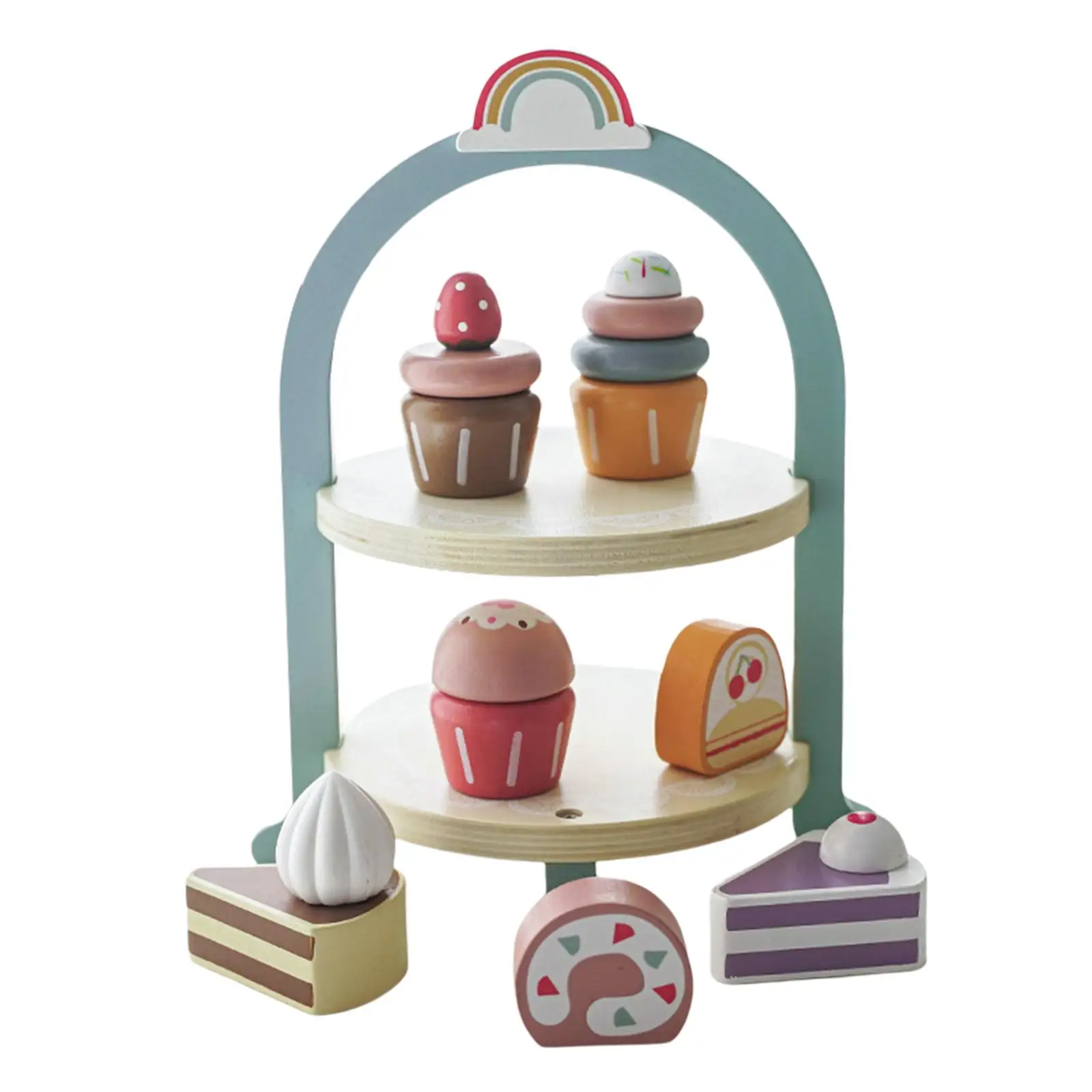 Wooden Dessert Set Fine Motor Skill Cupcake Set with Cake Stand for Boy Girl Preschool Children Early Educational Party Favors