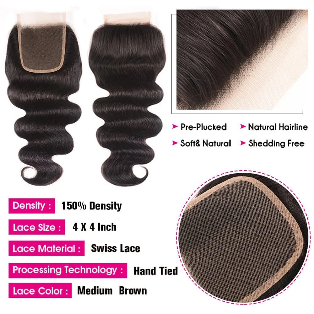 4x4 Lace Closure Body Wave Human Hair Bundles With Closure Hair Extensions 3/4 Bundles 30 Inch Bundle With Pre Plucked