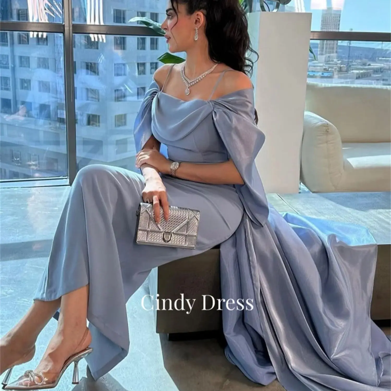 

Cindy Chiffon Dress Party Evening Elegant Luxury Celebrity Dresses 2024 Blue Quinceanera Saudi Arabia Long Wedding Backless Prom