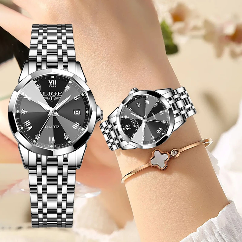 LIGE Luxury Quartz Watch Fashion Outdoor Sport Stainless Steel Strap Women Watches Calendar Waterproof Ladies Watch Casual Clock 6