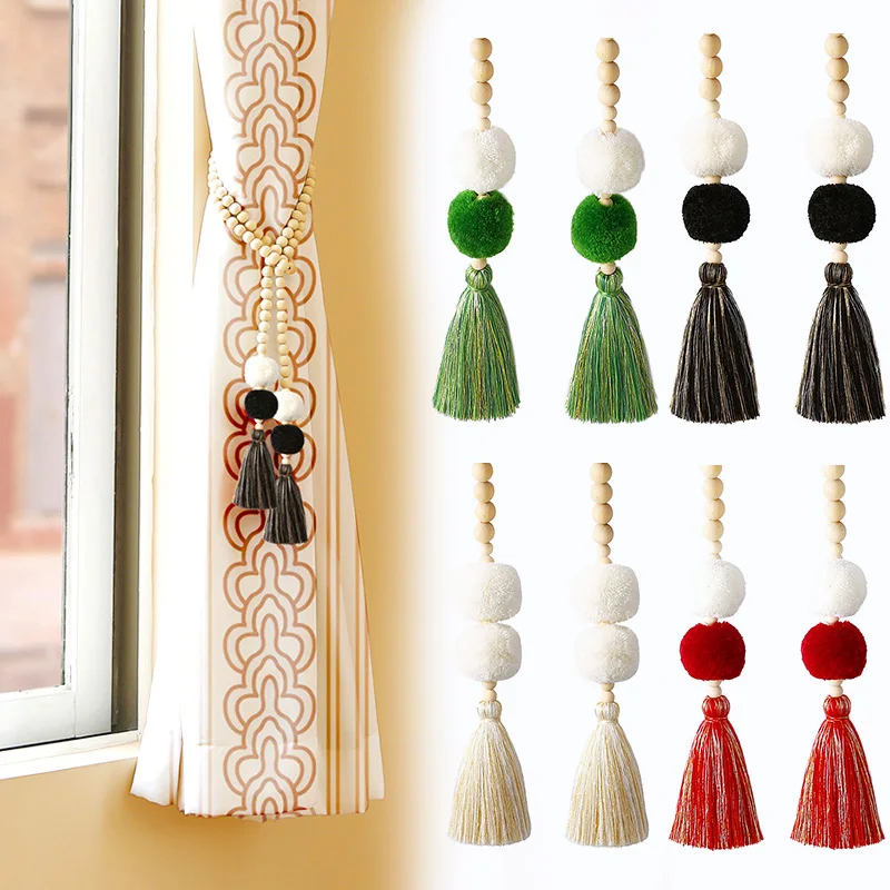 1PCWoodenBeadCurtainTiebackswithTasselBohemianCurtainHoldback