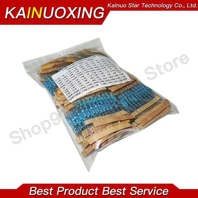 1100pcs 0.5W Resistors Kit 0.1 Ohm~10M Ohm Metal Film Resistor 1/2W Resistance 1% Color Ring Resistance 110 Values*10pcs