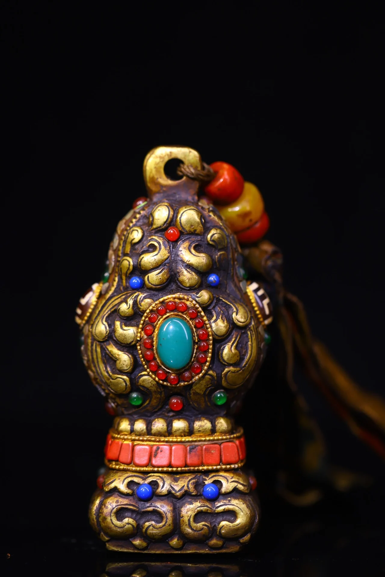 

4"Tibetan Temple Collection Old Bronze Cinnabar Mosaic Gem gZi Beads Beast Texture Six Character Proverbs Buddha Seal Amulet