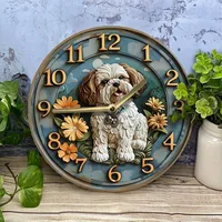 Wooden wall clock with cute Shih Tzu and flower design, perfect for home decor. Runs on AA batteries 1