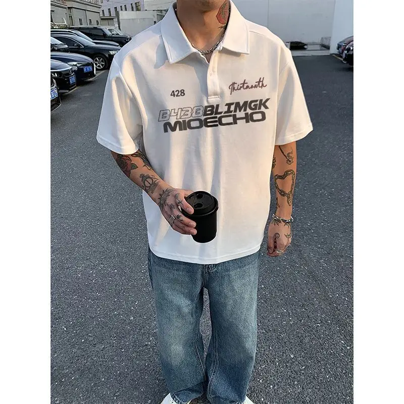 

American motorcycle style letter print niche versatile pure cotton shortsleeved men's polo shirt summer loose casual top Y2K INS