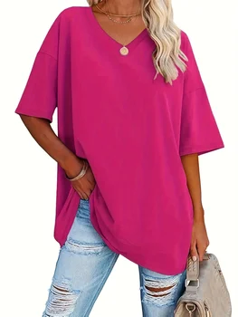Plus size women's spring & summer simple fashion basic versatile polyester fiber with elastic solid color short-sleeved T-shirt。 1