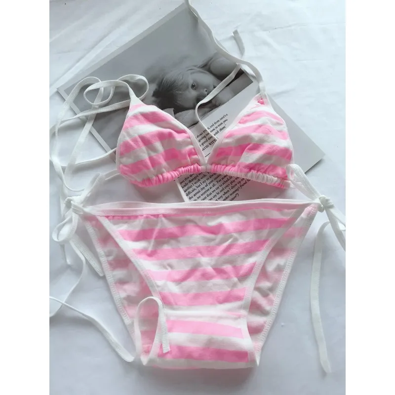 Ensemble rayé bleu et blanc à bretelles à lacets, ensemble deux pièces intérieur gras bleu et blanc, ensemble de Lingerie pour femmes, ensemble de soutien-gorge Sexy