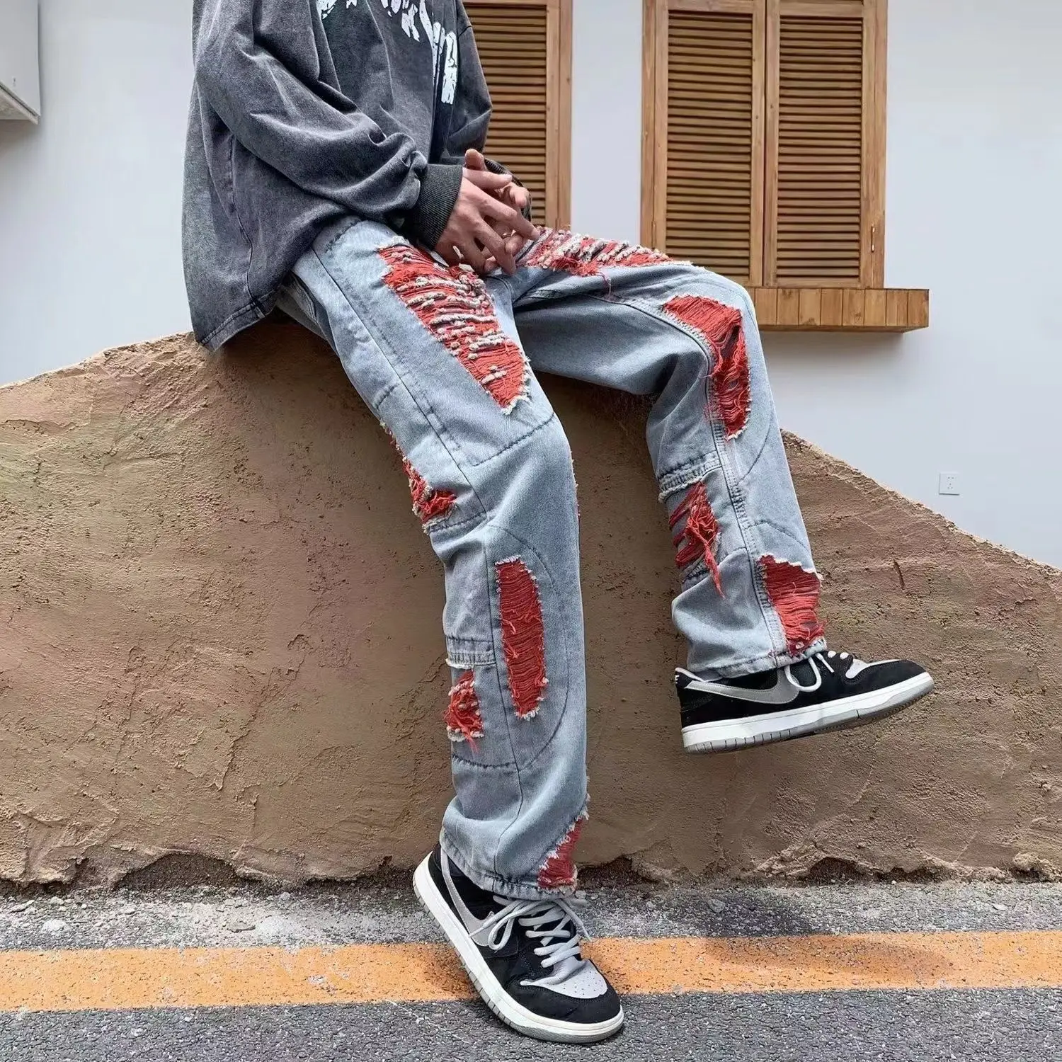 Autumn men\'s casual jeans American ins trend brand high street niche design Y2K retro washed distressed casual trousers hot sale