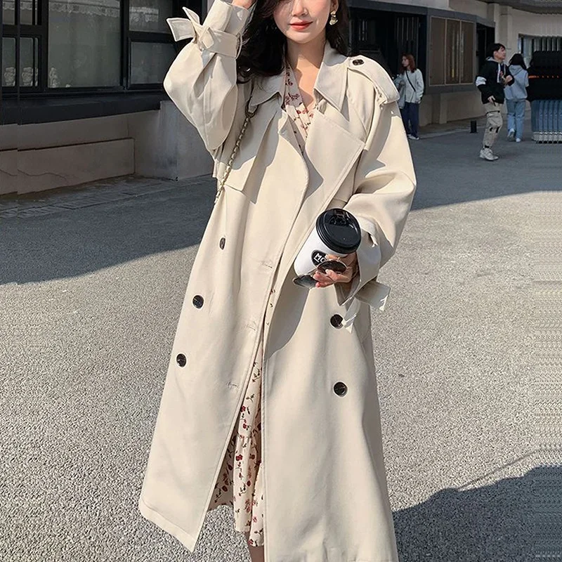 

Korean Mid-Length Women Trench Coat With Belt Beige Khaki Spring Elegant Lapel Double-breasted Long Sleeve Female Windbreaker