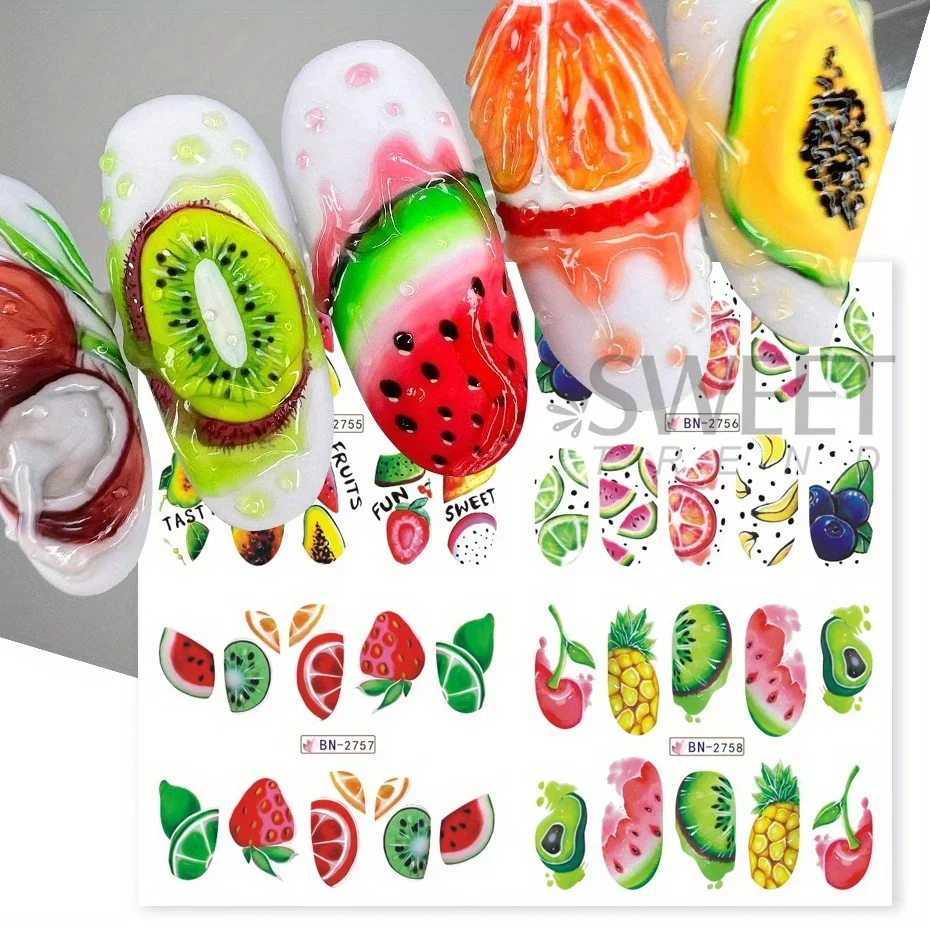 2 Sheet Abstract Line Fruit Water Nail Sliders Geometry Pawpaw Watermelon Avocado Image Decal Summer Tropical Charm Tattoo Foils