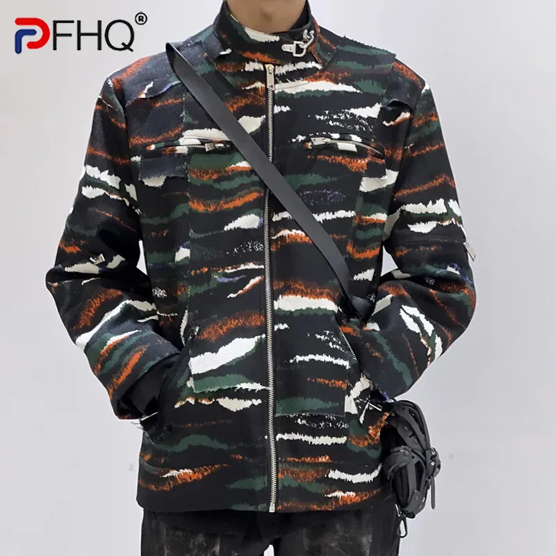 

PFHQ Men's Leopard Print Jackets Loose Zippers Haute Quality Contrast Color Stand Collar Camouflage Design Coat Autumn 21Z2579