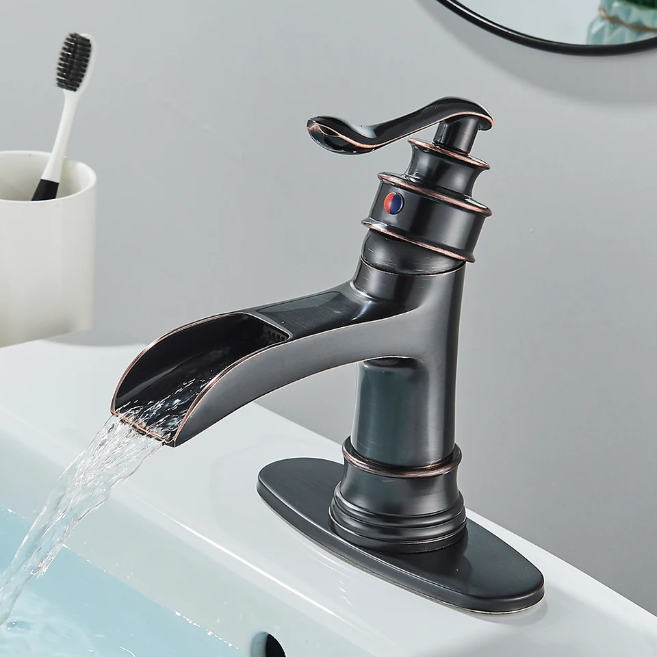 Rubinetto Lavabo Bagno A Cascata 3 Fori, Bronzo Lucidato Ad Olio, Con 2 Maniglie E Scarico Pop-Up, Design Moderno - 4