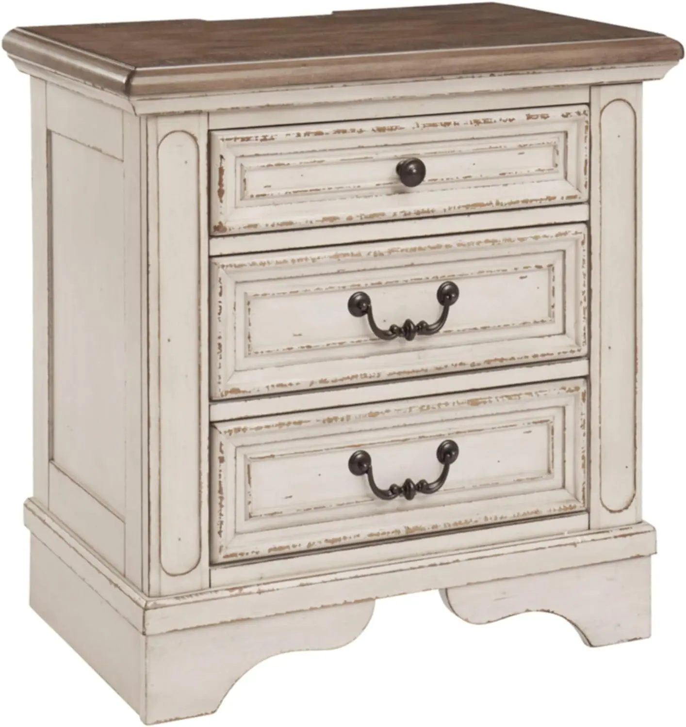 

French Country 3 Drawer Nightstand with Electrical Outlets & USB Ports, Chipped White