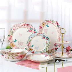Ceramic Plate Set Glazes Party Flora Tableware Set Porcelain Breakfast Dessert Plates Dishes Noodle Bowl Coffee Cup Home Decor