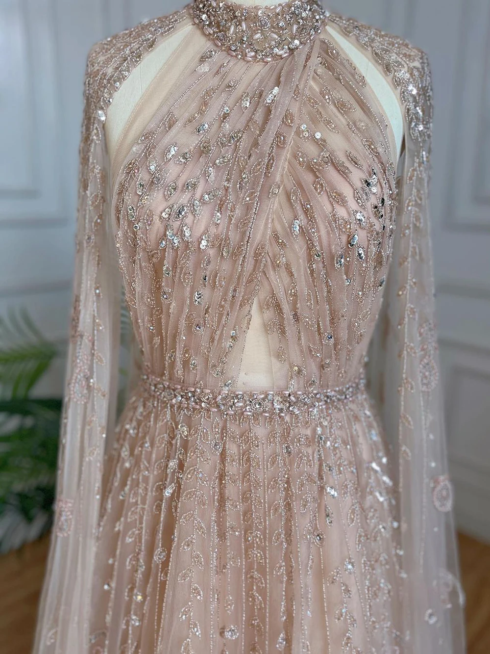 Serene Hill Dubai Arabic Luxury Nude A Line Beaded Evening Dresses With Cape Sleeves Gowns For Women  Wedding Party 2023 LA71803