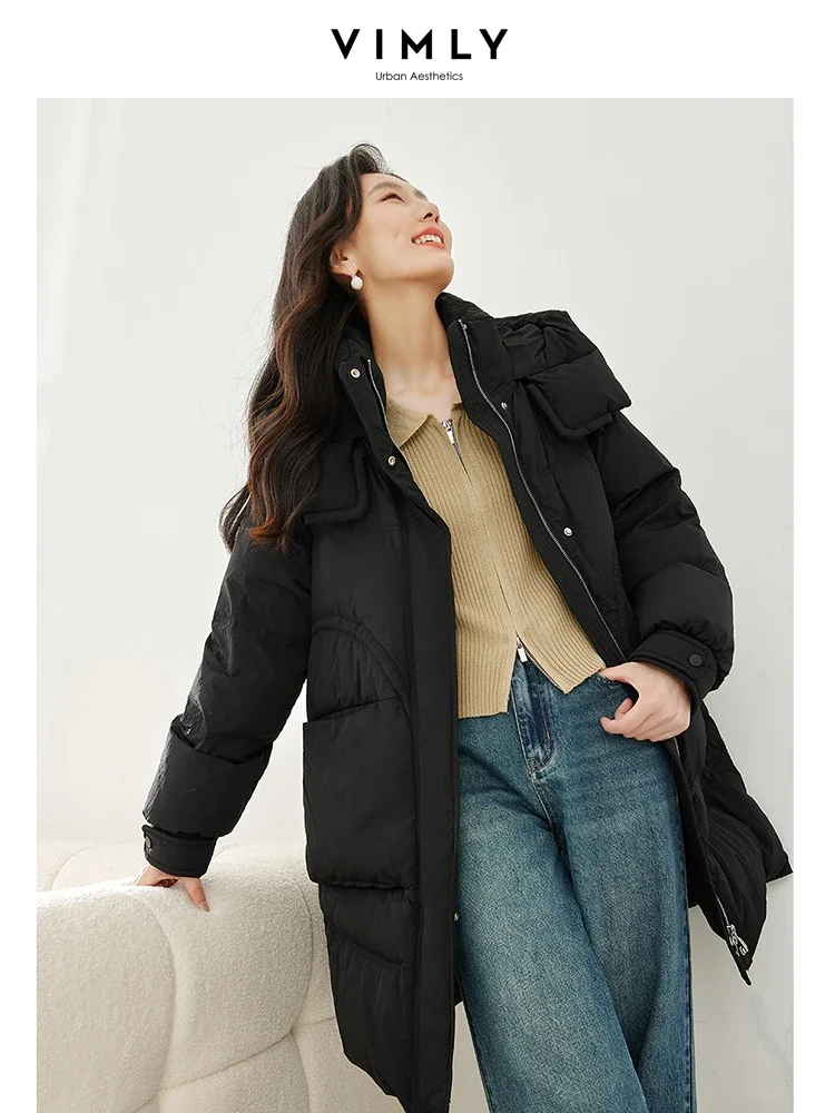 Vimly Lightweight Warm Duck Down Jacket for Women 2023 Winter Thick Hooded Stand Collar Female Long Down Coat Outerwears 50703