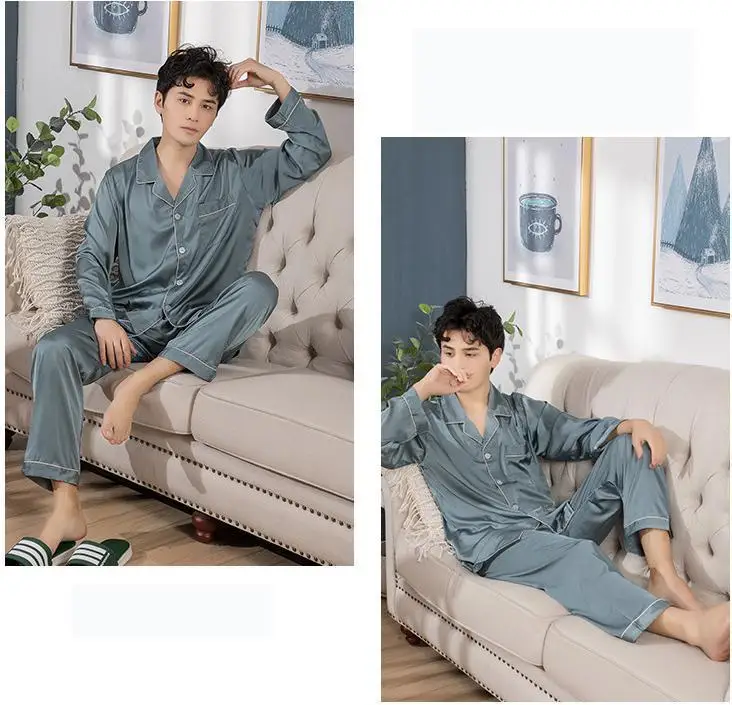 Satin Mens Pajamas Sets 2PCS Full Sleeve Nightwear Cardigan Intimate Sleepwear Silky Button Pyjamas Suits Groom Casual Homewear mens cotton pajama sets