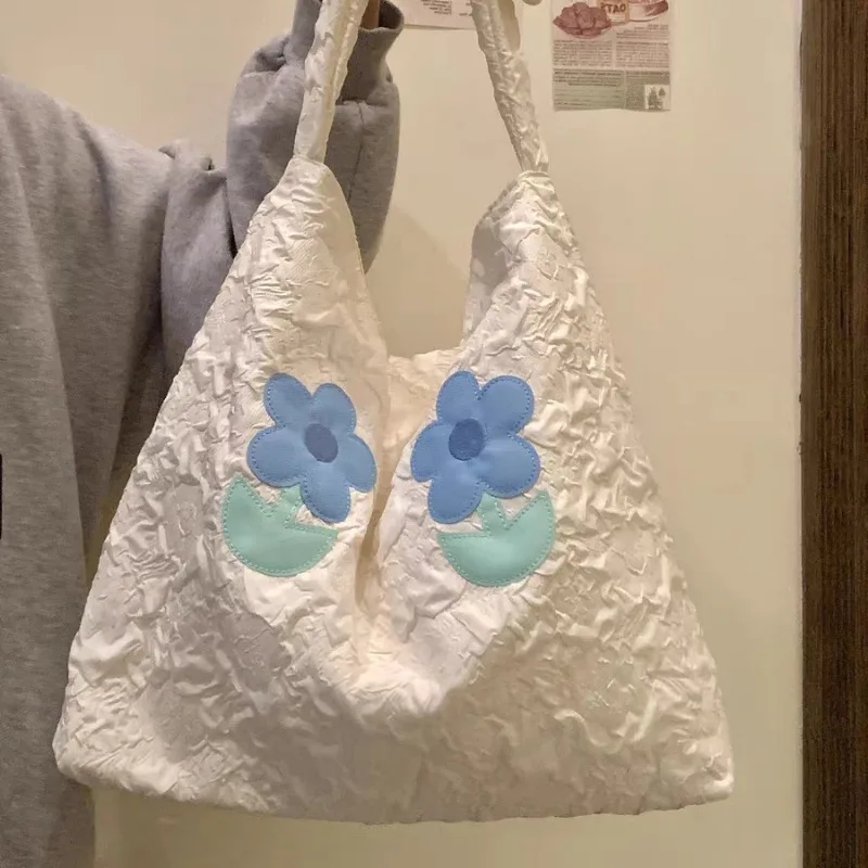 Xiuya Designer Aesthetic Womens Shoulder Bag Literary Lightweight Korean Style Fashion Tote Bag Cute Sweet Flower Female Handbag