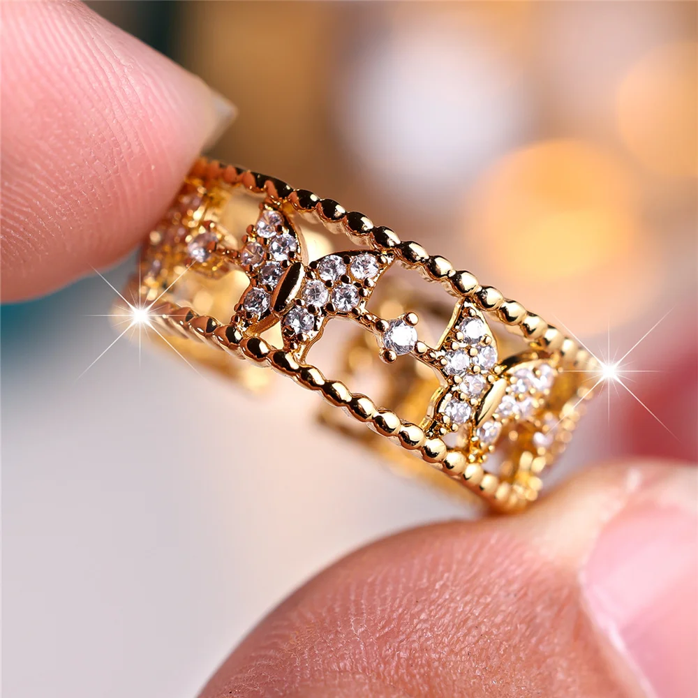 Cute Female Small Butterfly Zircon Stone Adjustable Ring Yellow Gold Color Open Wedding Jewelry For Women