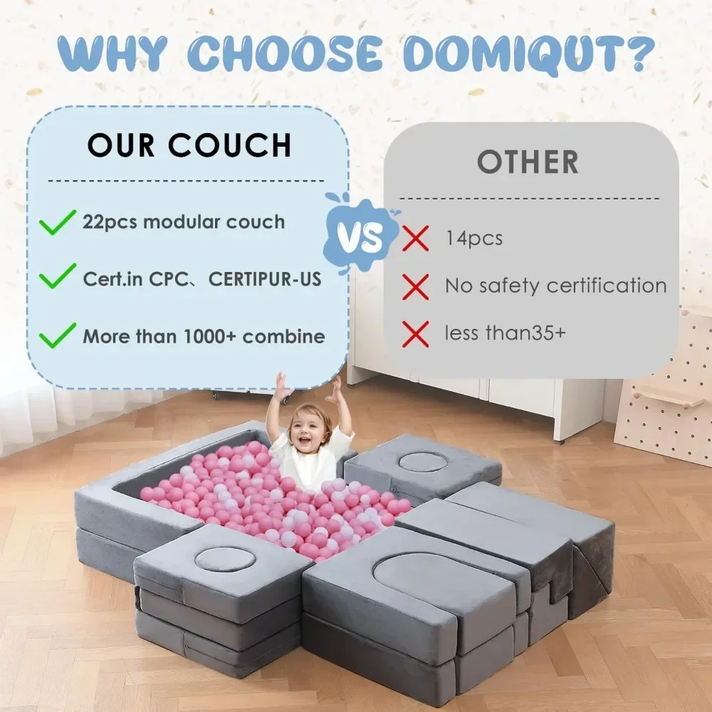Children's Sofas, 22Pcs Modular Kids Play Couch, Floor Sofa for Children, 1000+DIY Creativing Playroom Furniture for Toddlers 3