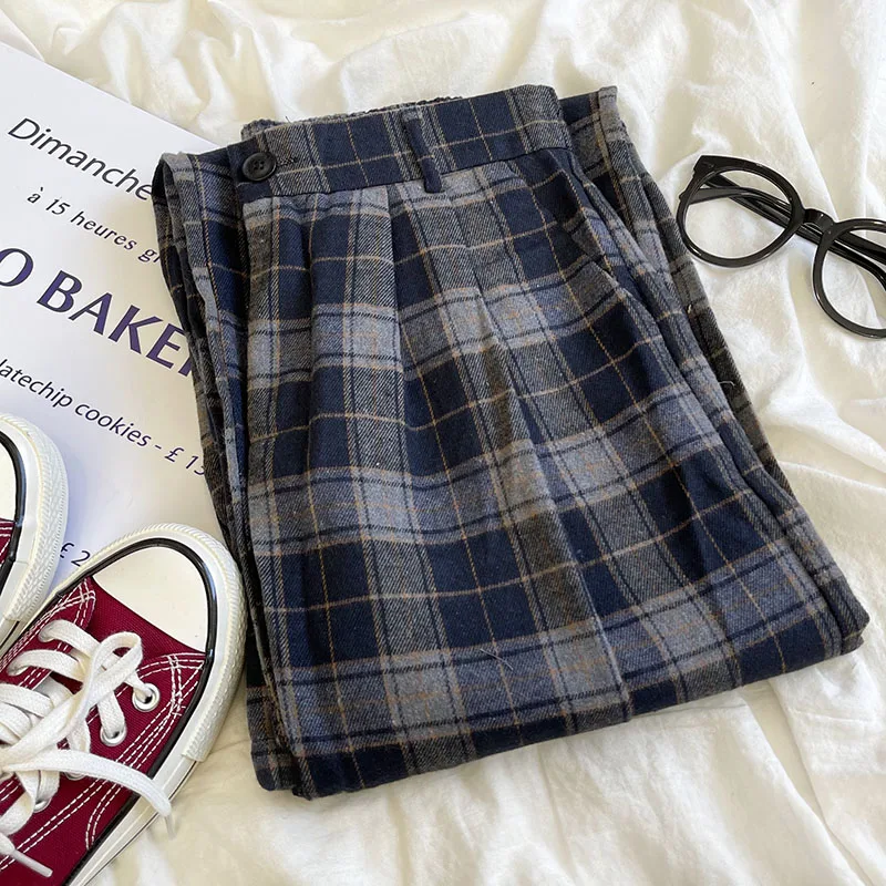 

Vintage plaid autumn and winter elastic high waist straight casual pants