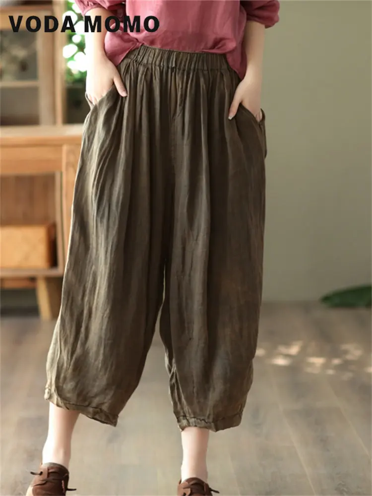 Primavera Estate Nuovi Pantaloni Larghi Casual Vintage Tinta Unita Semplice Elastico A Vita Alta Tasca In Lino Donna Pantaloni Haren Streetwear