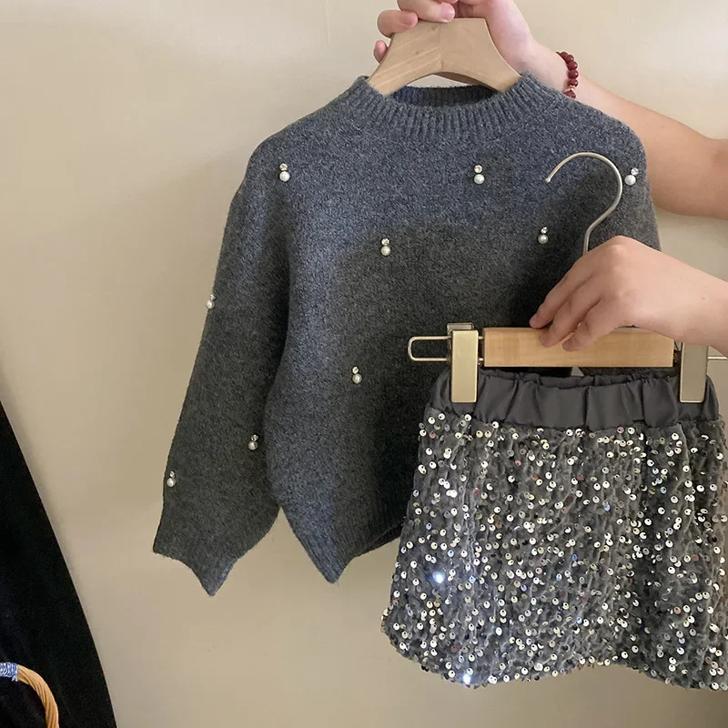 Girls Suit Autumn New Childrens Wear Korean Style Baby Girl Pearl Rhinestone Knit Sweater Sequin Skirt Two-piece Set