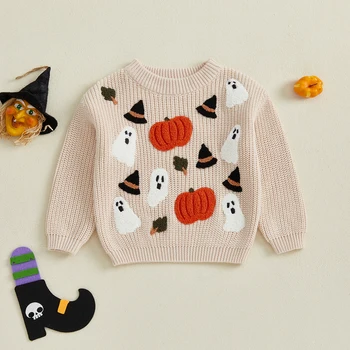 Toddler Baby Boy Girl Halloween Outfit Pumpkin Embroidery Knit Sweater Pullover Sweatshirt Fall Winter Clothes