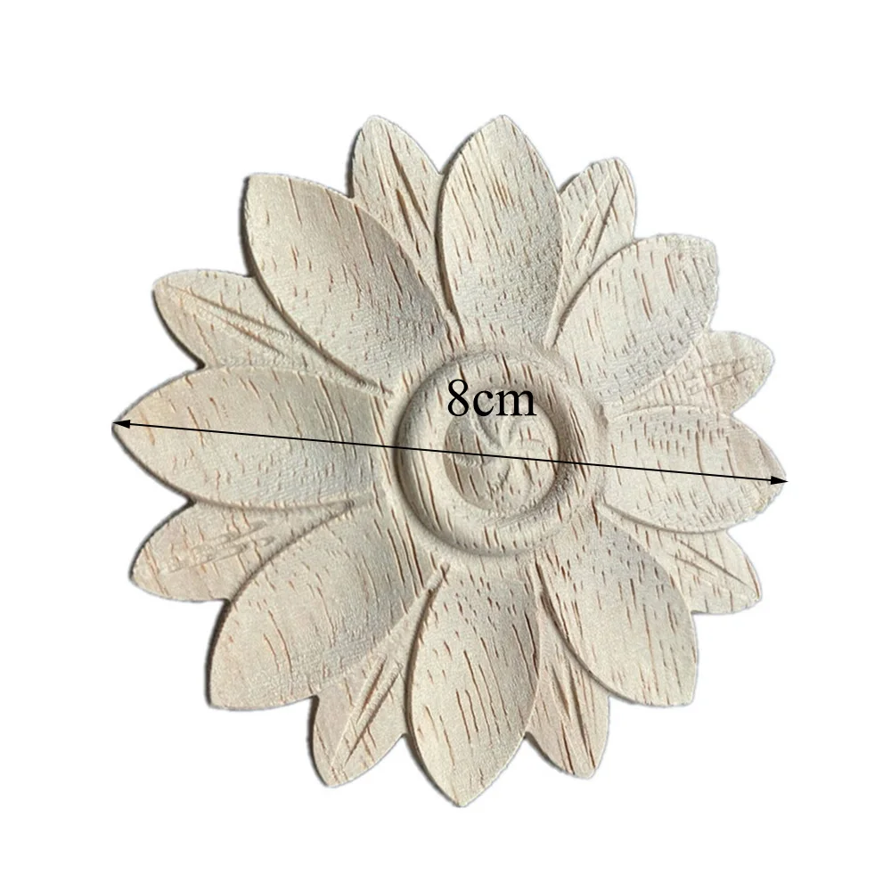 1PC 4-8cm Carved Flower Carving Round Wood Appliques for Furniture Cabinet Unpainted Wooden Mouldings Decal Decorative Figurines