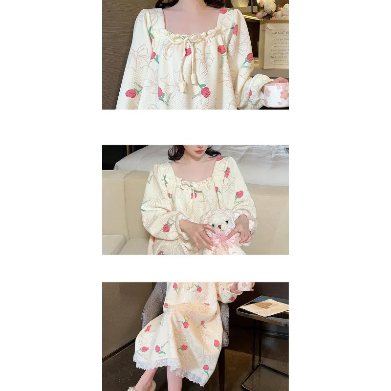2024 New Plus Size Sleepwear 100kg Pajama Dress Women Long Sleeved Cartoon Mid Length Sleepshirts Ruffled Lace Loose Loungewear