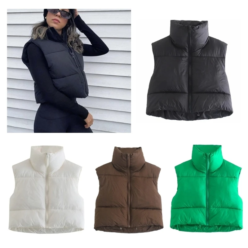 Quilted Padded Gilet Women Sleeveless Zipper Up Loose Cropped Puffer Vest Coat H9ED - 2