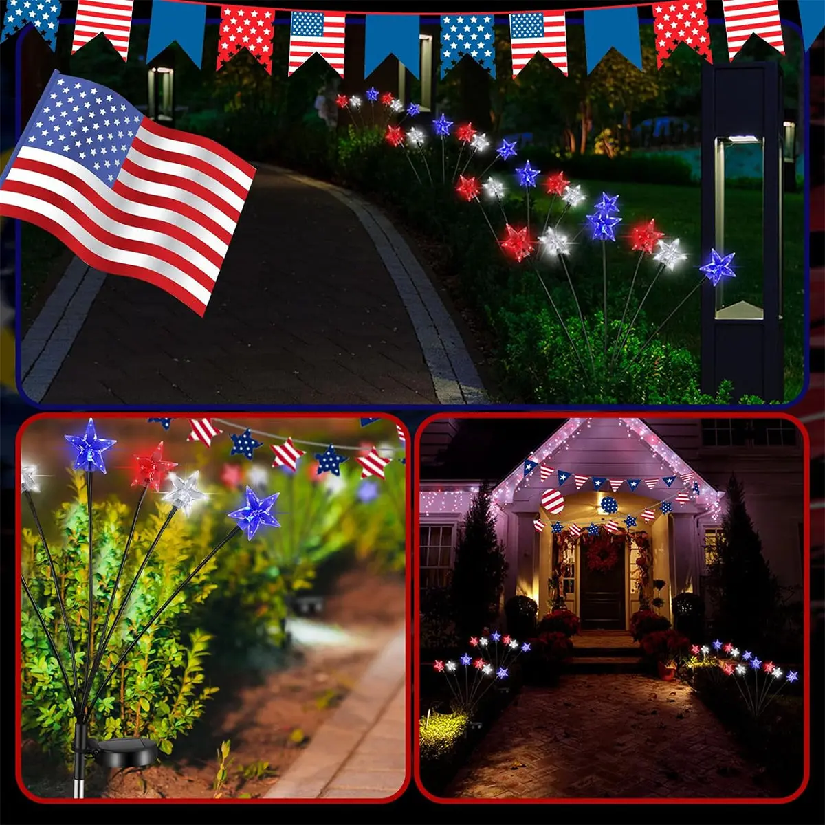 Solar Red White Blue Star Stake Lights 4th of July Outdoor Decorative Light Waterproof Swing Atmosphere New Year's Garland Lamp