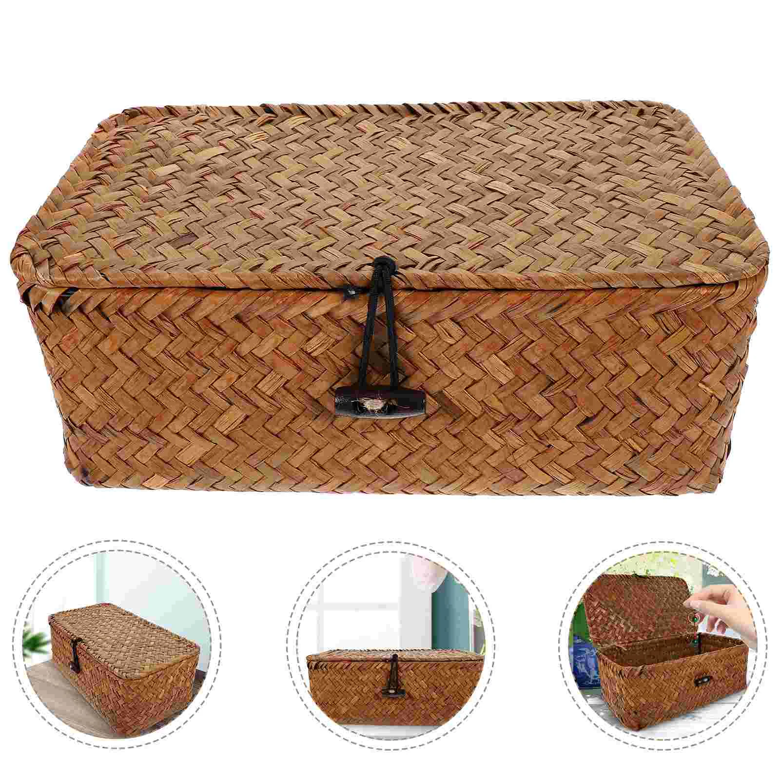 

Wicker Shelf Baskets Bin Lid Handwoven Seagrass Basket Storage Bins Rectangular Organizer Boxes Household Basket Boxes Wardrobe