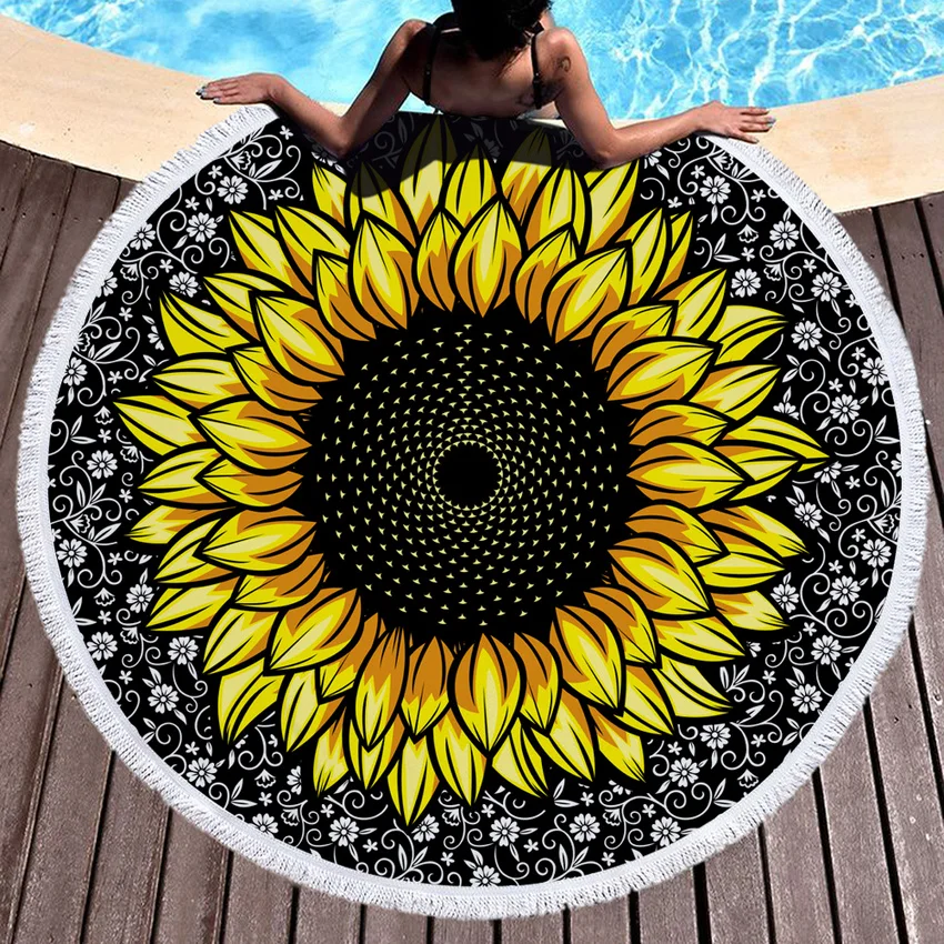 

Sunflower Circle Beach Towel with Tassels Flowers Thick Shower Bath Towels Microfiber Summer Swim Round Yoga Mat Seaside Carpet