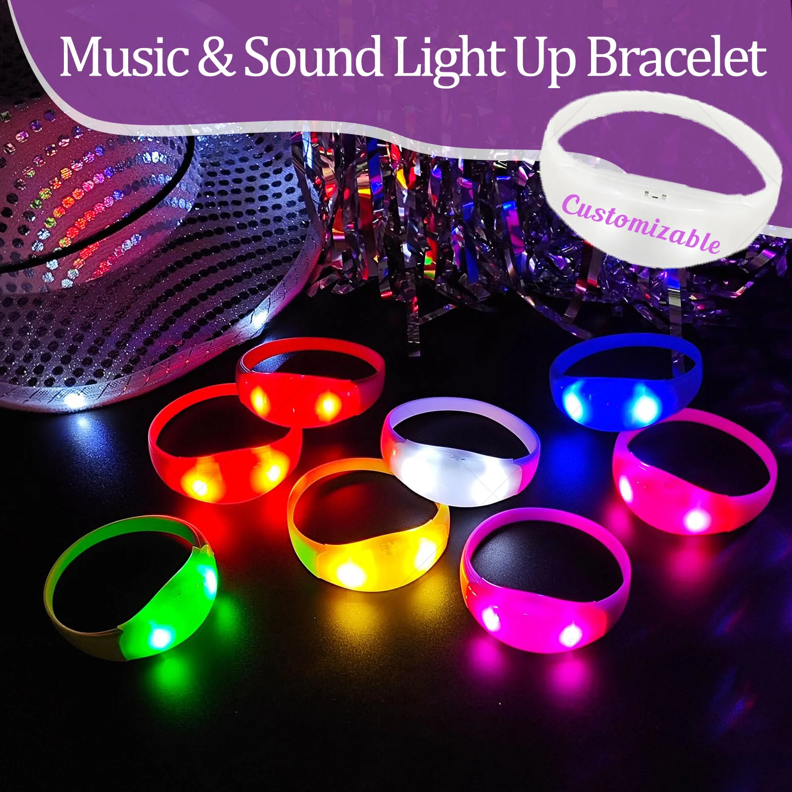 10-100개 맞춤형 LED 팔찌, 음악 및 사운드 반응 발광 팔찌, 웨딩, 생일, 콘서트, 레이브, 페스티벌, 파티용 야광 손목밴드