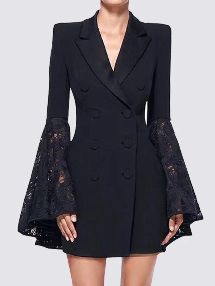 

Vintage Fashion Women Lace Patchwork Long Sleeve Blazer Elegant Chic Office Lady Casual Design Solid Party Sexy Dress New