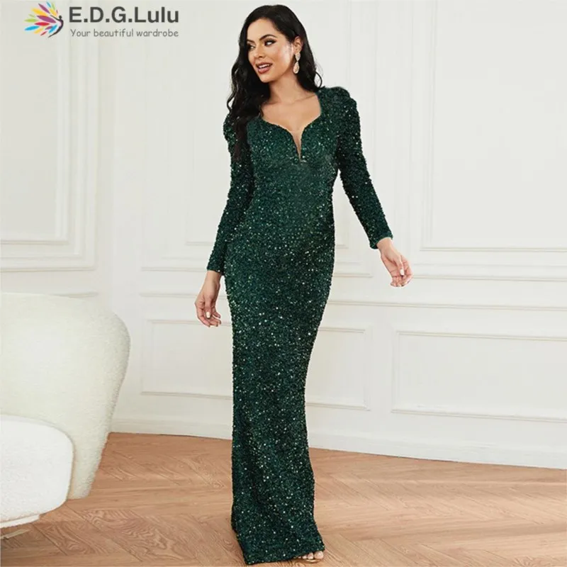 

EDGLuLu Sexy V-Neck Green Sequin Long Birthday Dress For Women Luxury 2023 Elegant Long Mermaid Dress Party Evening Dress 1209