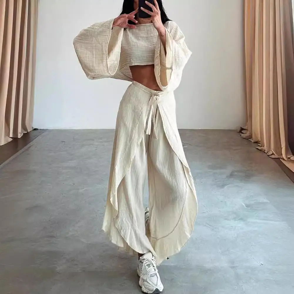 Women Wide-leg Trousers Set Elegant Women's Crop Top Pants Set With Boat Neck Irregular Ruffle Lace-up Trousers High For Club