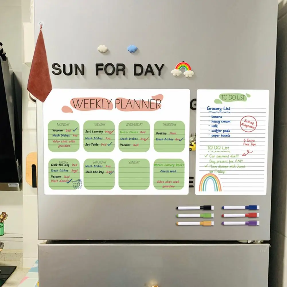 Fridge Pvc Board Magnetic Weekly Planner Efficient Weekly Planning Scratch-proof Magnetic Fridge Calendar Kit with Pens Organize
