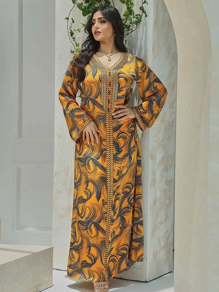 

Dubai Abaya for Women Print Dress Diamonds Tape Trim V-Neck Kaftan Moroccan Robe 2024 New Ramadan Ladies Turkish Dresses