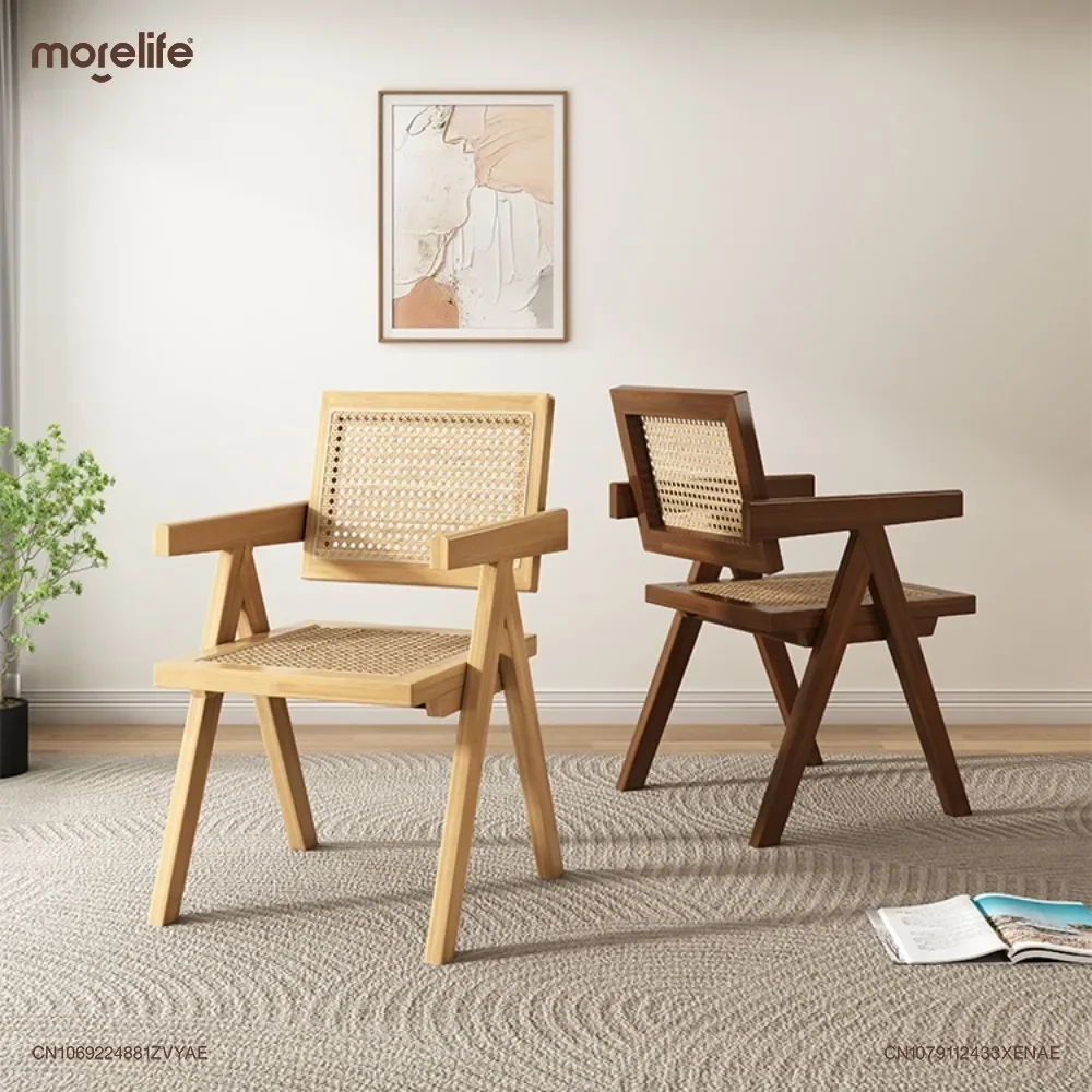 

Simple Living Room Solid Wood Dining Chairs Backrest Comfortable Seat Nordic Balconies Leisure Rattan Weaving Stools Furniture