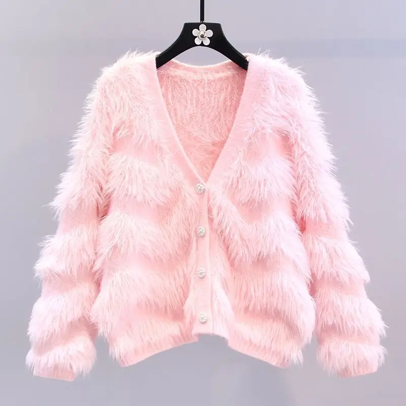 

Imitation Mink Velvet Thicken Women Autumn Winter 2023 Fashion Sweet V-neck Single Breasted Knitted Slim Cardigan Basics Coat
