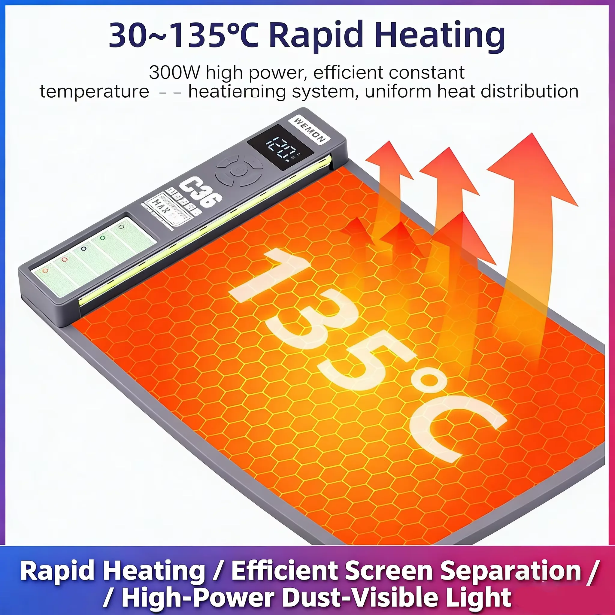 WEMON C36 300W 디지털 가열식 스크린 분리기 빠른 가열 30-135 ° C for 모바일폰에는 먼지 제거 램프 및 나사 정리 도구가 포함되어 있습니다.