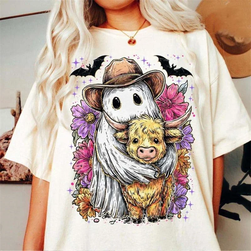 halloween-cow-print-tshirt-womens-casual-short-sleeve-autumn-top
