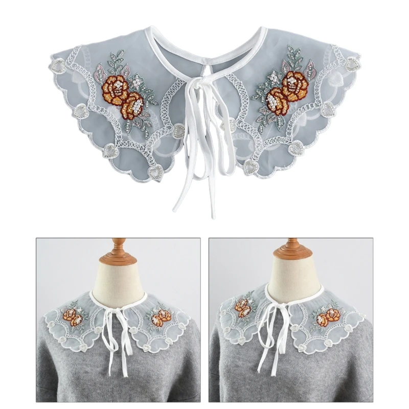 

F42F Embroidery Bead Floral Collar Decorative Shawl Blouse Collar Women Accessories