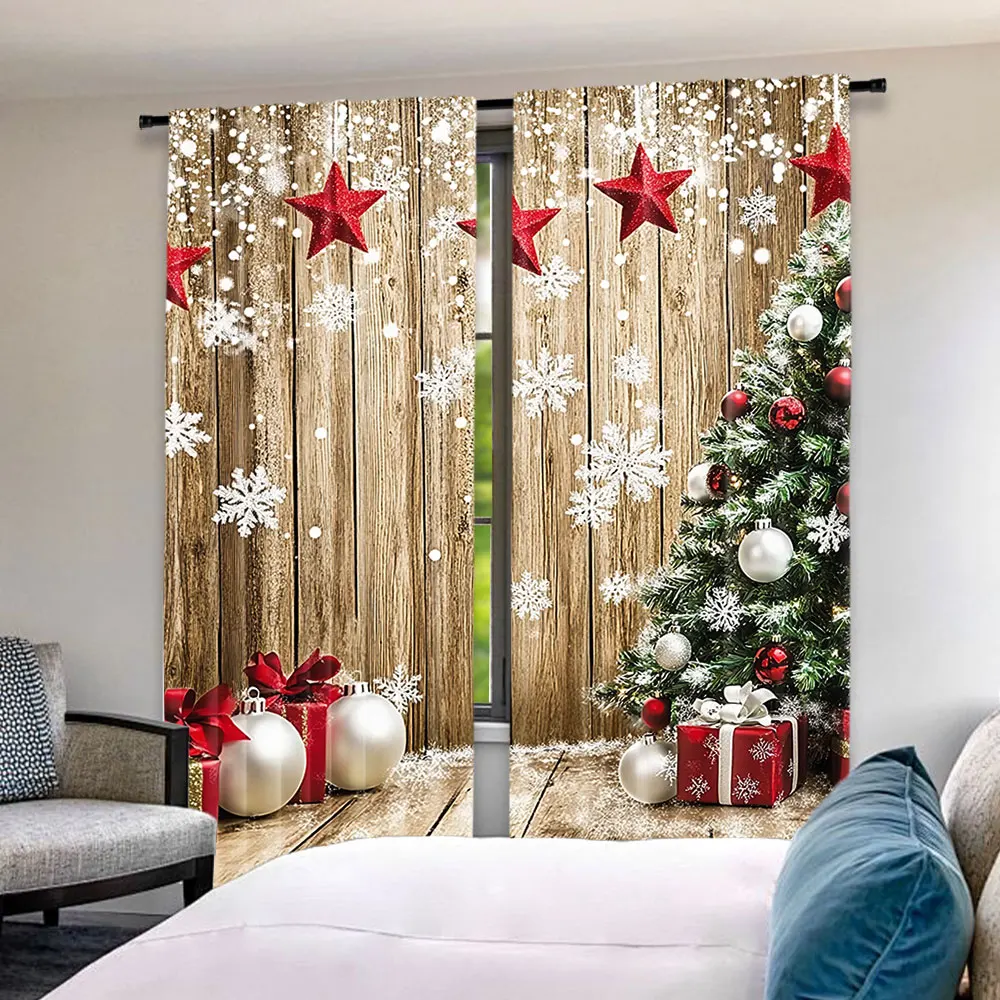 2Pcs Christmas Curtains Rustic Snow Christmas Tree Gifts For Christmas Party Decoration Suitable For Bedroom Living Room Dining 4